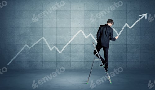 Preview: A Man Standing On A Ladder And Drawing A Chart On Blue Wall Background With Exponential Progressing