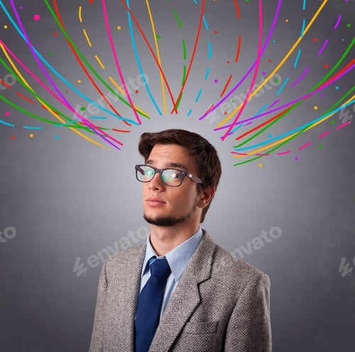 Preview: Young Man Standing And Thinking Wiht Colorful Abstract Lines Overhead