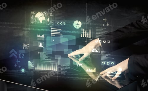 Preview: Businessman Touching Interactive Modern Desk With Technology Icons On Table
