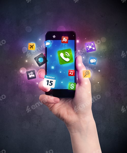 Preview: Caucasian Hand In Business Suit Holding A Smartphone With Colorful Media Icons
