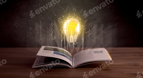 Preview: Shiny Alphabet Letters And Yellow Lightbulb Hovering Over Open Book