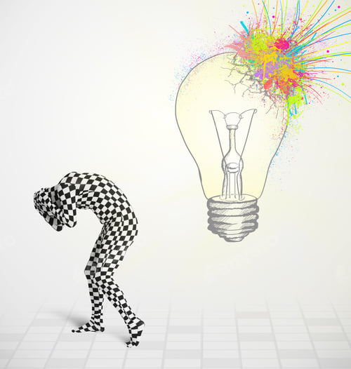 Preview: 3D Human Character Is Body Suit Morphsuit Looking At Abstract Colorful Lightbulb
