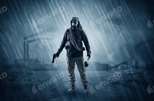 Preview: Gas Masked Survival Man Coming With Arms On His Hand In A Demolished Dark Environment