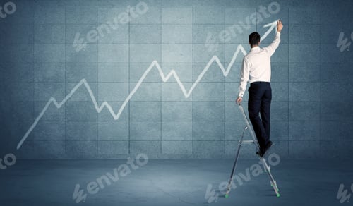 Preview: A Man Standing On A Ladder And Drawing A Chart On Blue Wall Background With Exponential Progressing