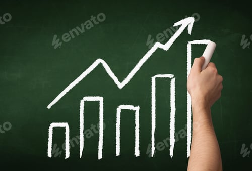 Preview: A Grown Up'S Hand Drawing Chart With Exponentially Growing Arrow On Green Chalkboard