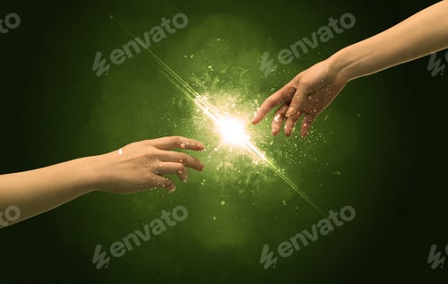 Preview: Two Naked Male Hands About To Touch, Lighting The Spark With Modest Explosion In Front Of Green