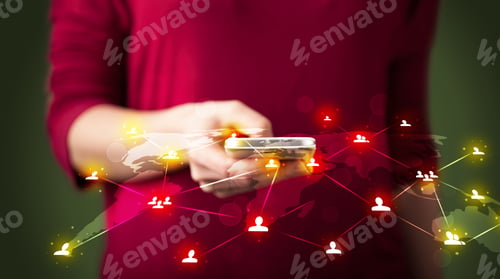 Preview: Smart Woman Holding Telephone With World Social Media Network Connection