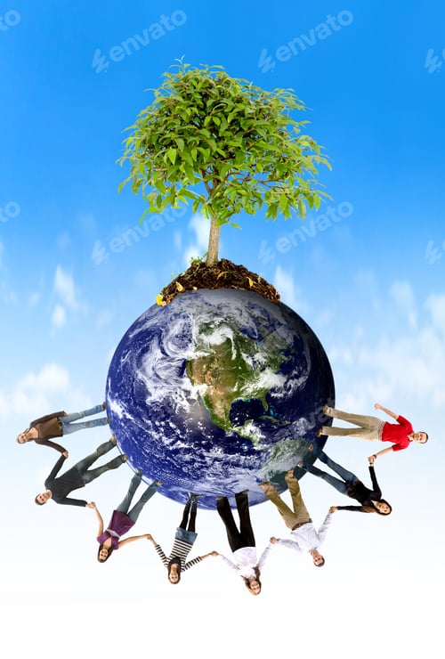 Preview: Casual Group Of Friends Holding Hands Around The Globe With A Tree Growing From It
