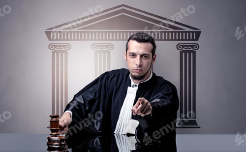 Preview: Young Judge In Front Of A Courthouse Symbol Making Decision