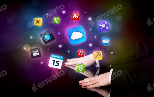 Preview: Male Hands Touching Interactive Table With Colorful Application Icons On It