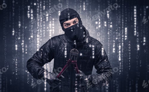 Preview: Burglar In Action With Encoded Concept And His Tools In His Hand.