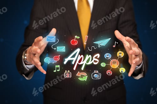 Preview: Businessman With Drawn Application Icons And Symbols In His Hands