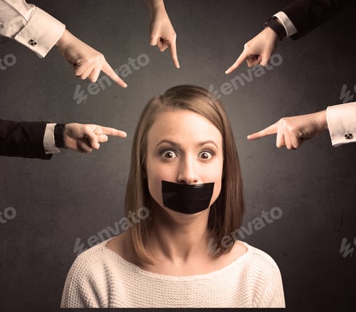 Preview: Caucasian Multiple Business Hands Pointing At Female Employee