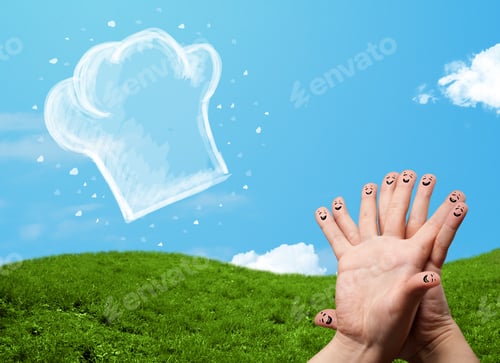 Preview: Happy Smiley Face Fingers Cheerfully Looking At Illustration Of Cook Hat
