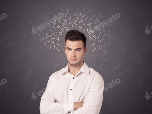 Preview: Young Casual Businessman With White Alphabet Around His Head