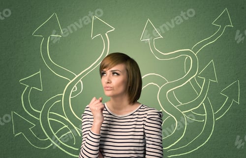Preview: Young Student With Thoughtful Expression With Tangled Arrows Coming Out Of Her Back