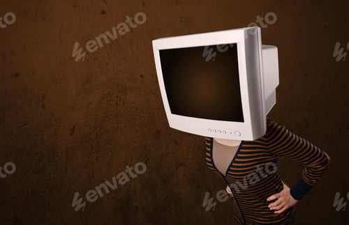 Preview: Girl With A Computer Monitor On Her Head And Empty Brown Copyspace