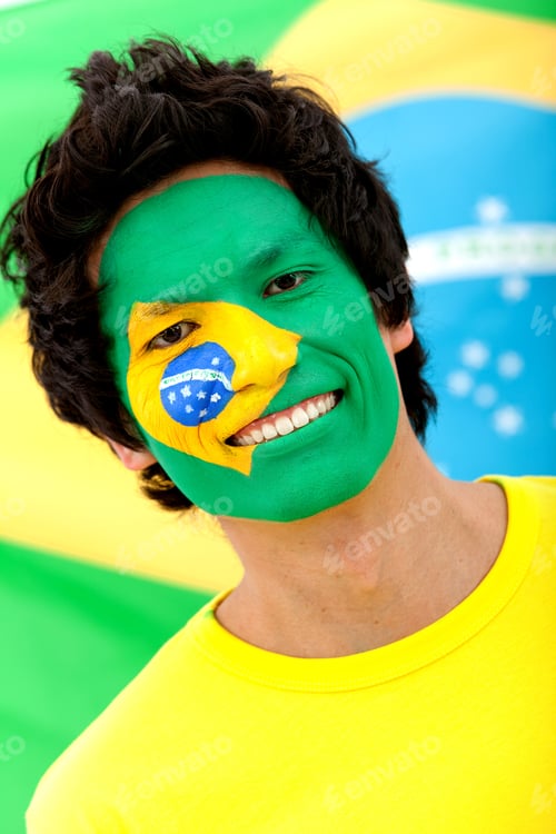 Preview: Portrait Of A Man With The Brazilian Flag Painted On His Face