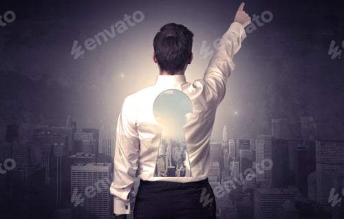 Preview: Young Businessman Standing And Thinking With Keyhole On His Back And City Graphic Around