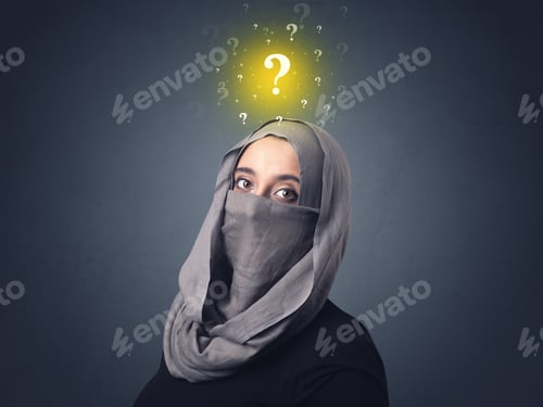 Preview: Young Muslim Woman Wearing Niqab With Yellow Question Marks Above Her Head