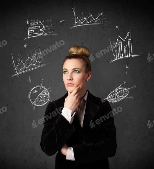 Preview: Thoughtful Young Woman With Drawn Charts Circulating Around Her Head