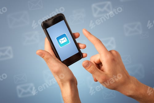 Preview: Female Fingers Touching Smartphone With Mail Icon On It