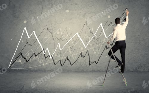 Preview: A Male In Elegant Suit Standing On A Small Ladder And Drawing Progressing Lines On Grey Wall