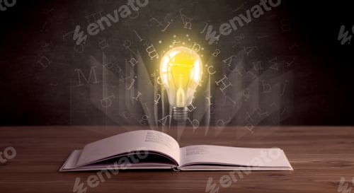 Preview: Shiny Alphabet Letters And Yellow Lightbulb Hovering Over Open Book