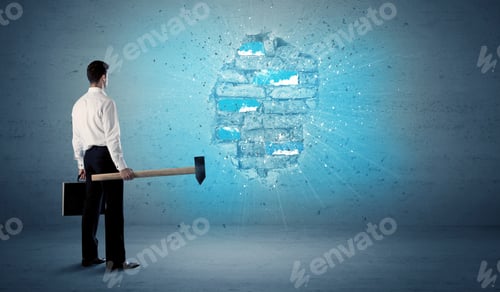Preview: Business Man Hitting Grungy Brick Wall With Huge Hammer