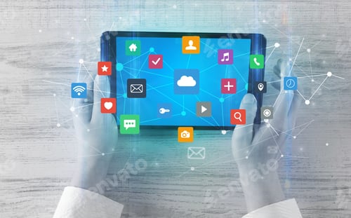 Preview: Hand Touching Multitask Tablet With Cloud Wifi Message Social Media Call Icons And Symbols Concept
