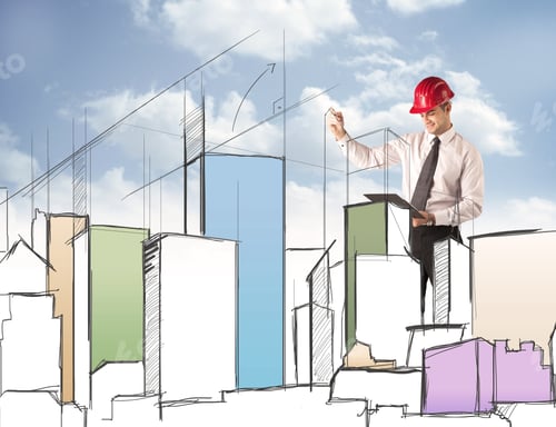 Preview: A Young Construction Worker In A Red Safety Helmet Happily Planning A City Sight And Drawing Lines