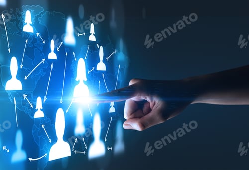 Preview: Female Finger Touching A Beam Of Light Surrounded By Portraits And A World Map Behind It