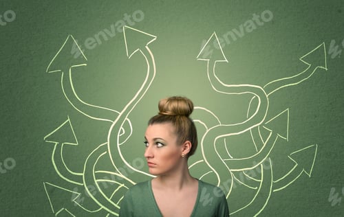 Preview: Young Student With Thoughtful Expression With Tangled Arrows Coming Out Of Her Back
