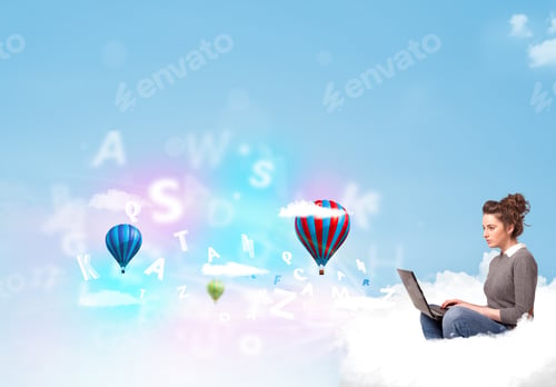 Preview: Pretty Young Woman Sitting In Cloud With Laptop, Balloons And Letters Concept
