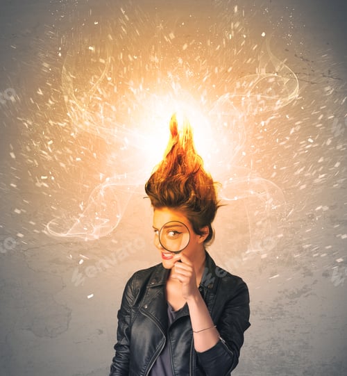 Preview: Young Woman With Energetic Exploding Red Hair Concept On Background