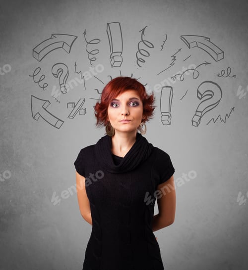 Preview: Cute Young Girl With Question Sign Doodles On Gradient Background