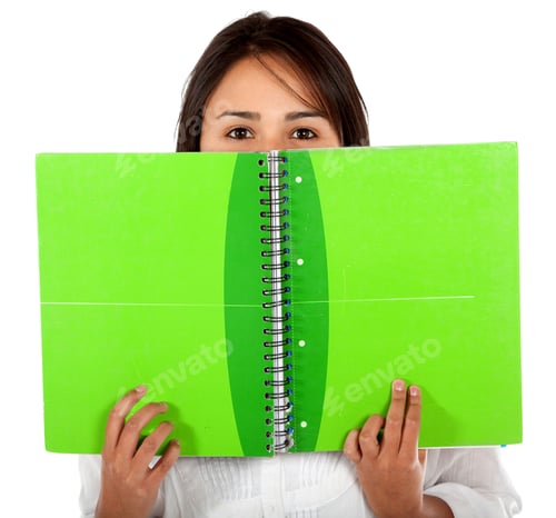 Preview: Woman Covering Her Face With A Notebook Isolated Over White