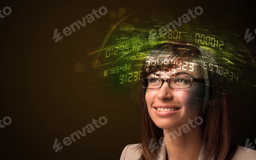 Preview: Business Woman Looking At High Tech Number Calculations Concept