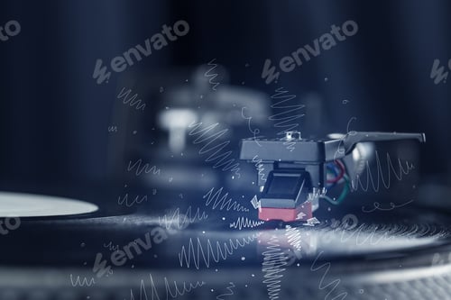 Preview: Turntable Playing Music With Hand Drawn Cross Lines Concept On Background