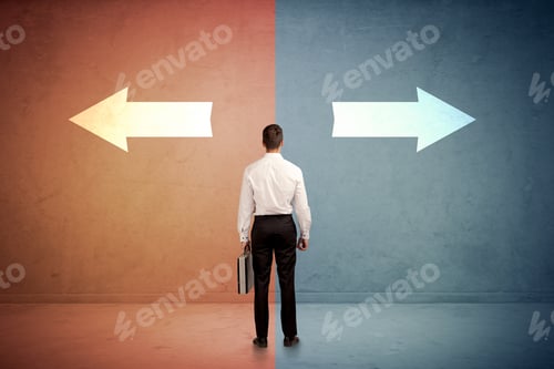 Preview: Salesman In Doubt Standing In Front Of Two Arrows On Blue And Red Background Concept