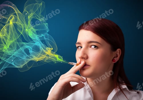 Preview: Pretty Young Lady Smoking Cigarette With Colorful Smoke