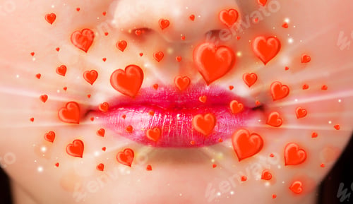 Preview: Pretty Lady Lips With Lovely Red Hearts Close Up