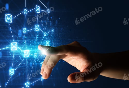 Preview: Female Finger Touching A Beam Of Light Surrounded By A Blue Graphic With Envelopes