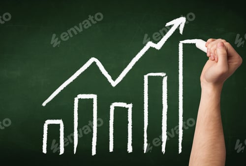 Preview: A Grown Up'S Hand Drawing Chart With Exponentially Growing Arrow On Green Chalkboard