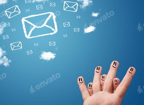 Preview: Happy Cheerful Smiley Fingers Looking At Mail Icons Made Out Of Clouds