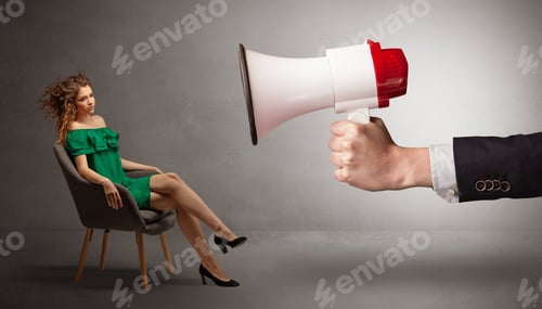 Preview: Elegant Model Sitting Opposite With A Big Loudspeaker