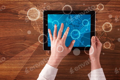 Preview: Caucasian Business Hands Holding Tablet With Blue Business-Statistics Screen