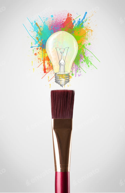 Preview: Paintbrush Close-Up With Colored Paint Splashes And Lightbulb Concept