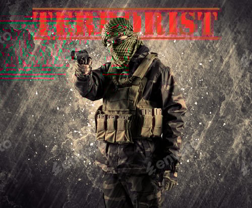 Preview: Portrait Of Dangerous Masked And Armed Man With Terrorist Sign On Grungy Background