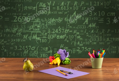 Preview: A Stuffed School Desk With Green Blackboard In The Background Full Of Numbers, Calculation